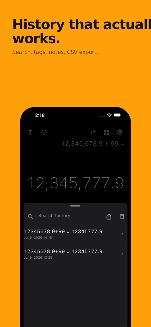 Calculation history with search and tags