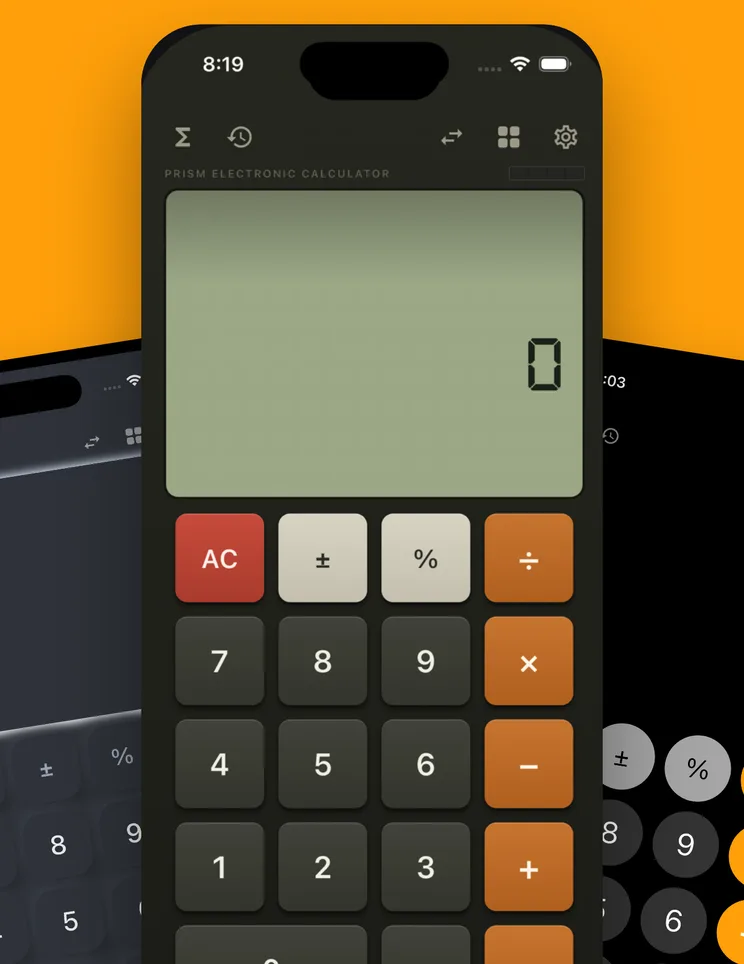 Three Prism Calculator themes side by side: Soft, Retro and Classic